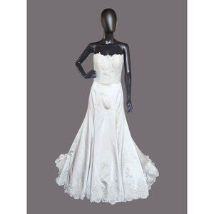 Oyster Satin/Lace Bodice Fit and Flare Wedding Gown